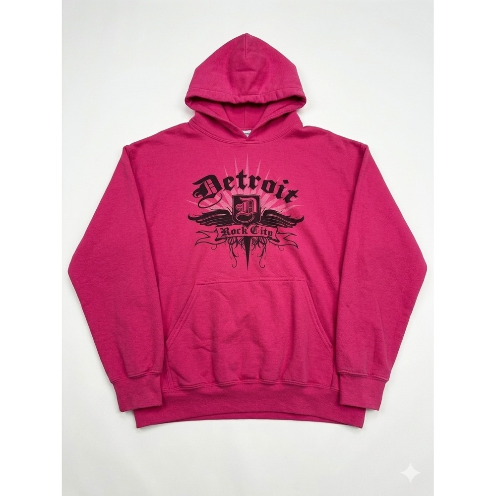 Gildan Detroit Rock City Hoodie Unisex Large Pink Good Pullover Sweatshirt